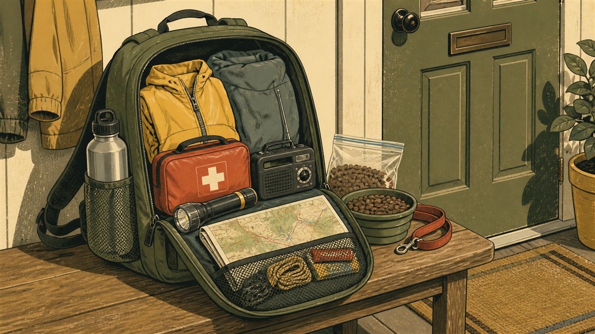 Open evacuation backpack packed with water, weather radio, first aid, flashlight, rain layer, map, and pet supplies