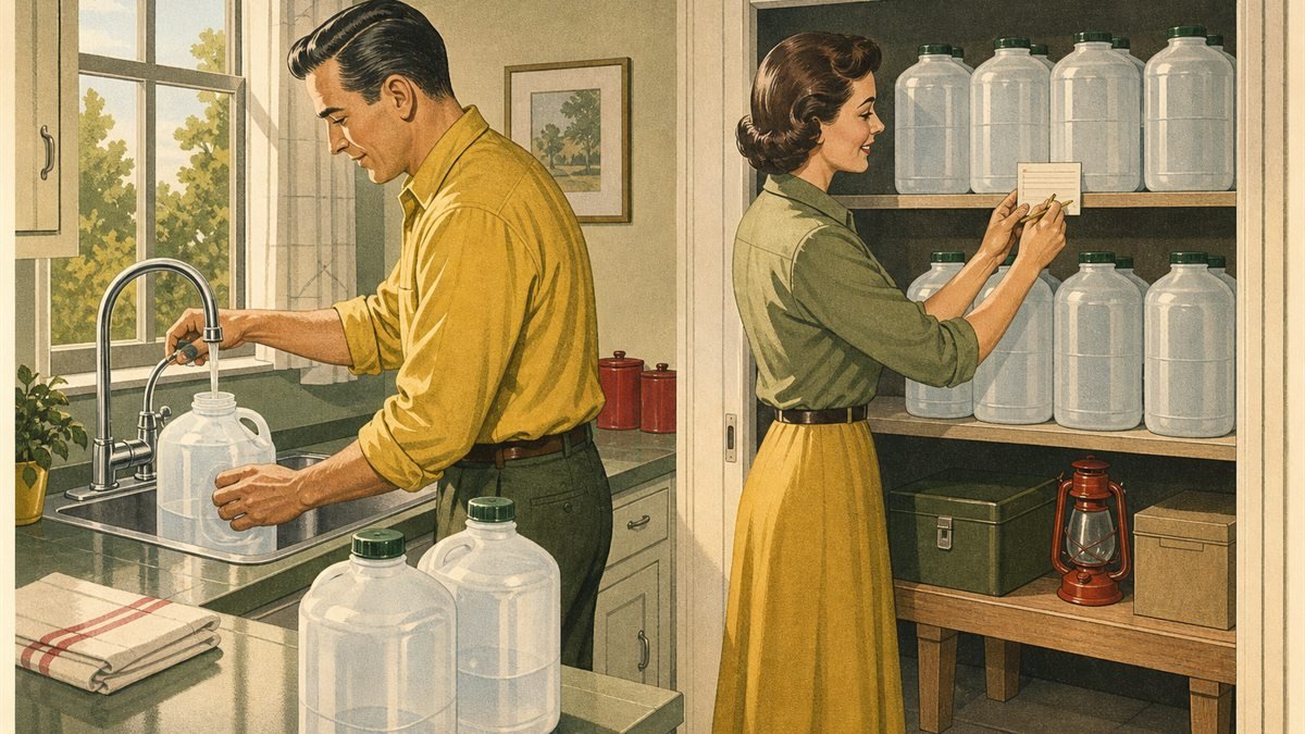 Household filling and organizing clean food-grade water containers before an outage