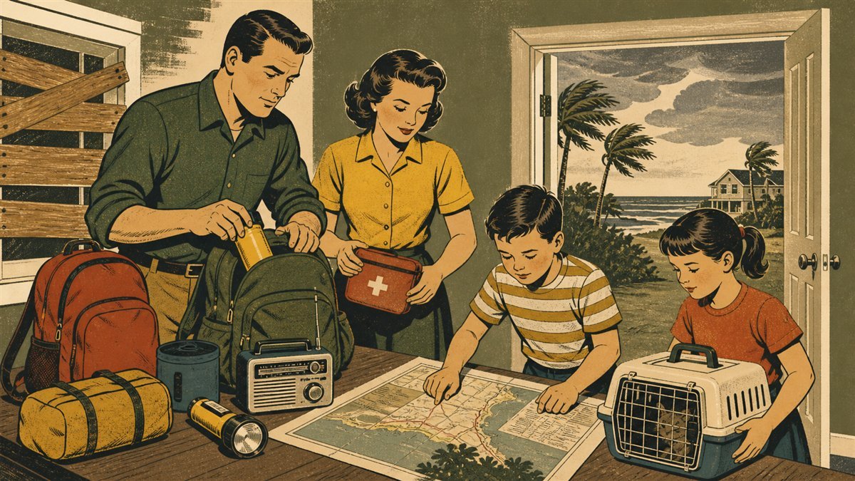 Family calmly packing evacuation bags, weather radio, map, first aid kit, and pet carrier before a hurricane