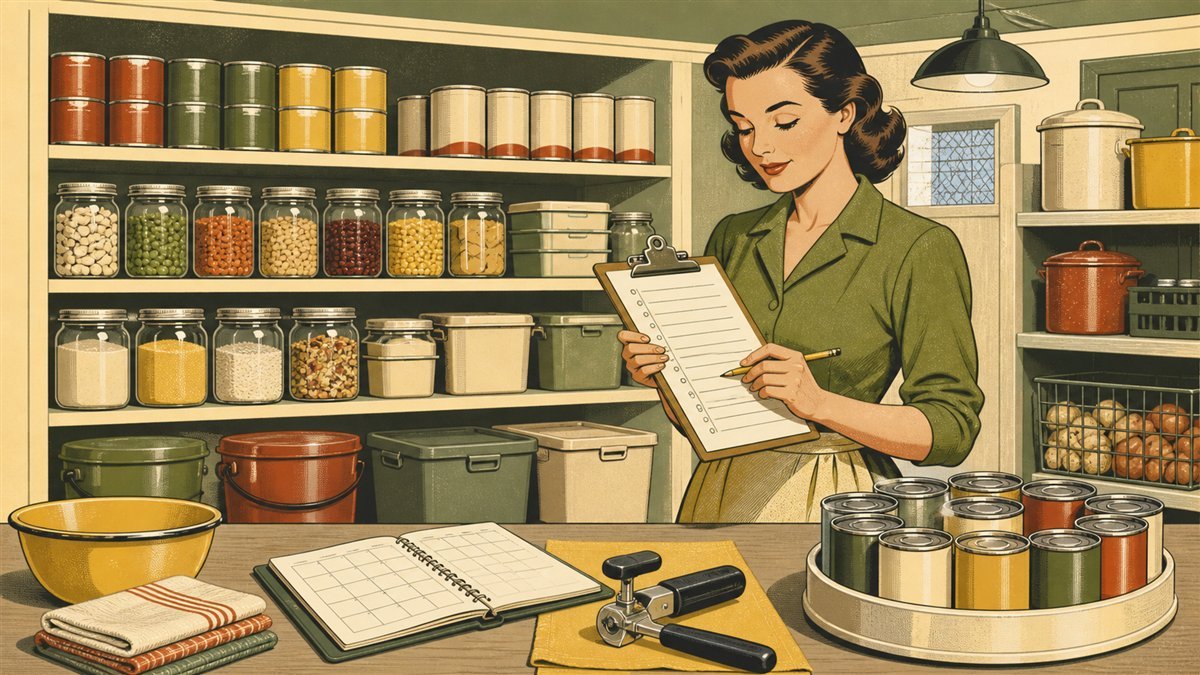 Household pantry inventory with canned foods, dry staples, food-grade containers, and a manual can opener